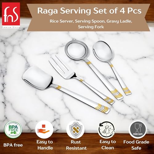 Image of FnS RAGA 24 Karat Gold Plated Stainless Steel Serving Set of 4 (1 Rice Serving, 1 Serving Fork, 1 Gravy Ladle, 1 Serving Spoon Large) for Home, Kitchen and Dinning