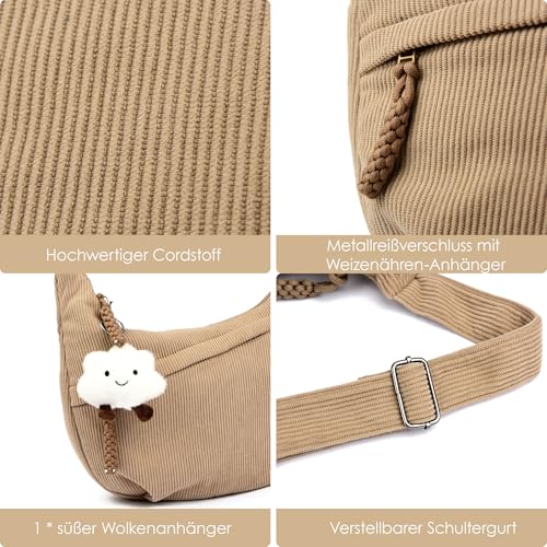 Micmores Crossbody Bag Damen Cord, Hobo Bag Große Bauchtasche mit Gepolstertem iPad-Fach & Verbessertem Reißverschluss, Stylische Halbmond Tasche Umhängetasche für Arbeit, Uni, Reisen(Grau)