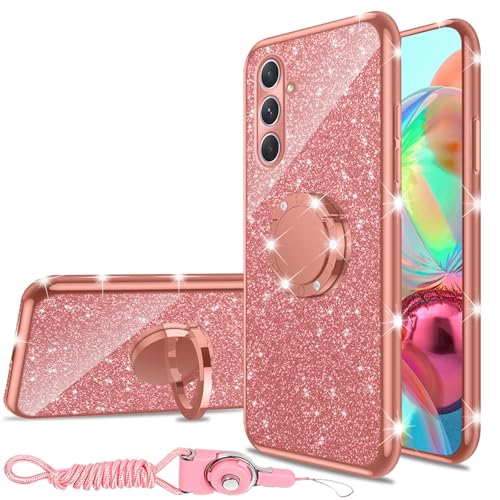 nancheng Cute Bling Glitter Phone Case for Samsung Galaxy A54 5G Luxury Sparkly Soft TPU Anti Scratch Anti-Drop Cover with Ring Stand & Lanyard for Girls Women - Rose Gold