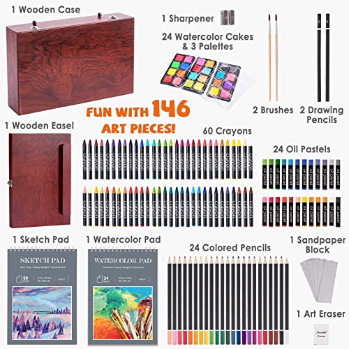 146 Piece Deluxe Art Set with Easel, Wooden Art Box with 2 Drawing Pad, Drawing Kit with Crayon,Oil Pastel,Colored… - Image 3