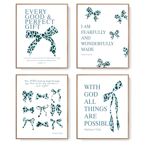 Image of LARTSFRO Coquette Blue Leopard Bow Wall Art Decor Posters, Y2K Cheetah Leopard Bow Room Bedroom Bathroom Dorm Wall Art Decor Aesthetic for College Teen Girls Gifts, Inspirational Bible Verses Bow Wall Decor, 10x8 Inch Set of 4 Pcs Bow Pictures (UNFRAMED)