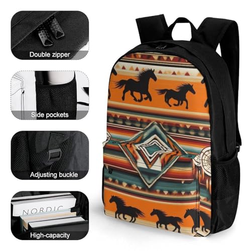 Supdreamc Men Women Polyester Southwest Native American Ethnic Horse Dreamcatcher Art Daypack Bookbag Big Capacity Shoulder Bag With Padded Straps for Climbing Travel Walking Cycling3