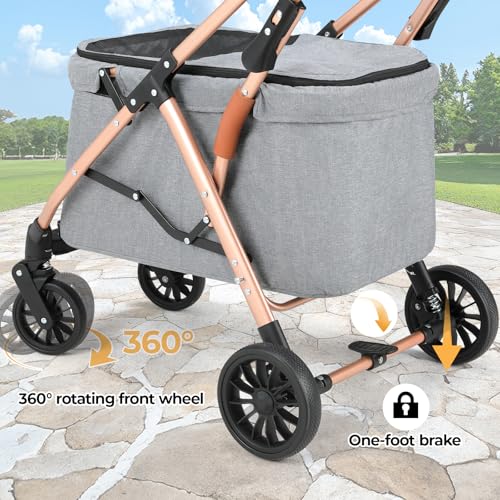 MAMIZO Doppelter Hundebuggy, Haustiere Buggy bis 15 kg, Faltbar 2 Etagen Hundewagen, Katzenbuggy für 2 Etagen mit 4 PCS verschleißfeste PU-Räderr, Hundebox Transporttasche, Grau