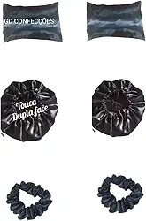 2 Fronha De Cetim + 2 Toucas dupla faces + 2 Xuxinhas de cetim (Preto)