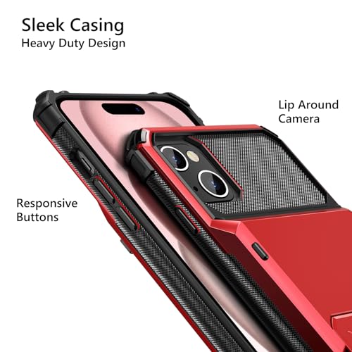 Vofolen for iPhone 15 Case with Card Holder, 4-Card Dual Layer Heavy Duty Shockproof Wallet Case, Hidden Flip Card Slot Protective Hard Back Cover Case for iPhone 15, 6.1 Inch Red by Vofolen - Image 2