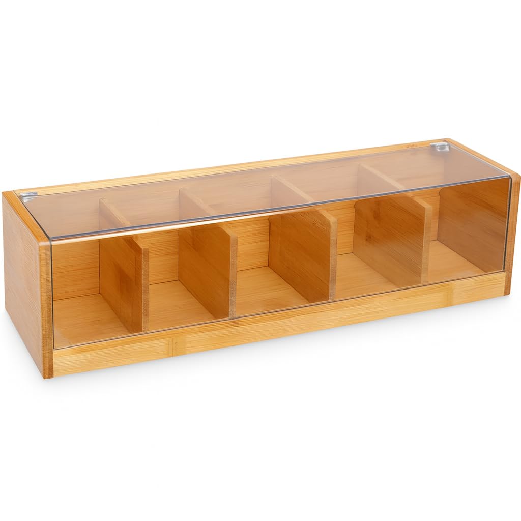VITA PERFETTA - Caja de té con 5 compartimentos de bambú, caja de almacenamiento para bolsas de té (36 x 11 x 9 cm)