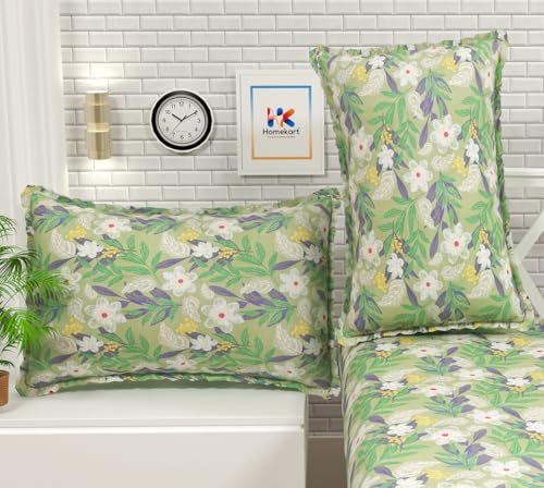 Image of HOMEKART Floral 180 Tc Ultra Super Soft Cotton Feel Microfiber Double Bedsheet with Two Pillow Covers for Your Bedroom (90x88 Inches, Green)