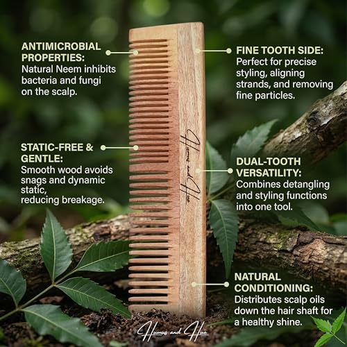 Image of Humus & Hue Premium Oil Treated Kachhi Neem Wooden Comb Set Pack of 2, Neem Comb for Hair Growth, Hair fall & Dandruff Control, Detangling comb, anti static Wooden Hair Comb for Women and Men | Dual & wide tooth comb handle