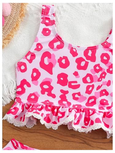 MakeMeChic Girl's Bikini Sets Cheetah Print Contrast Lace Ruffle Hem Bathing Suits3