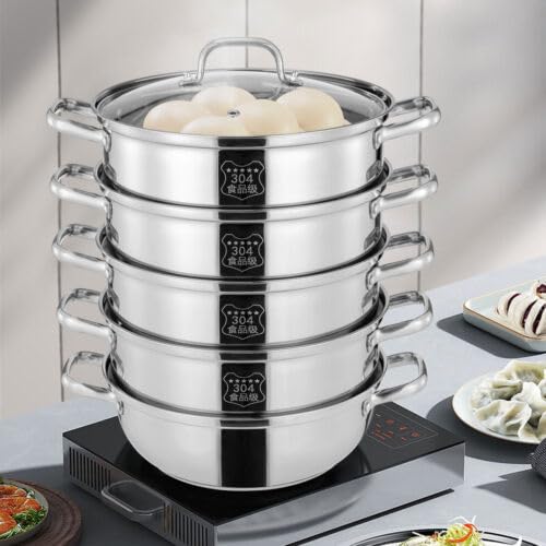 5-piętrowy parowar ze stali nierdzewnej, 30 cm, szklana pokrywka, kuchenka parowa, 5-warstwowa, zintegrowana, do użytku w domu, w restauracjach, hotelach, restauracjach