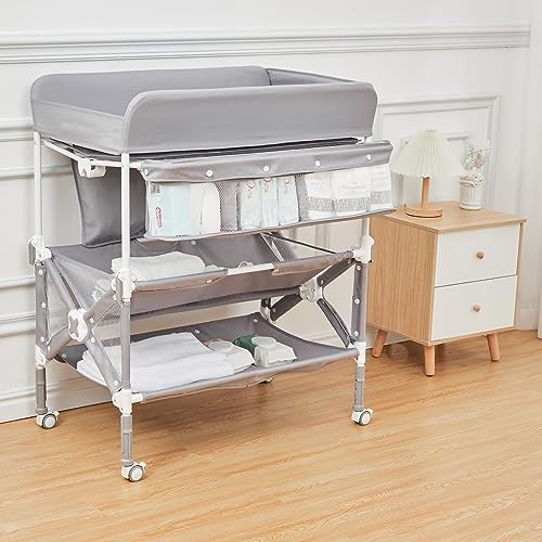 Portable Baby Changing Table, Babevy Foldable Diaper Change Table with Wheels, Adjustable Height, Cleaning Bucket, Changing Station for Infant Mobile Nursery Organizer for Newborn, Grey