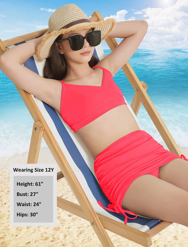 EXARUS Girls Bathing Suits 3 Piece Swimsuits Bikini Sets with Cover Up Mid Rise Ruched Swimwear Beach Pool 8-14Y4
