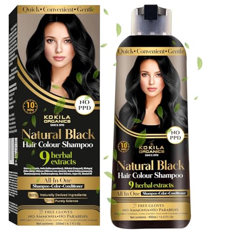 Ko.kil.a NO PPD Shampoo Hair Colour - Black 400ml for Women and Men | Natural Extracts | Colours Hair in 10 Minutes | Ammonia Free, Paraben Free - 10 Pair Free Gloves