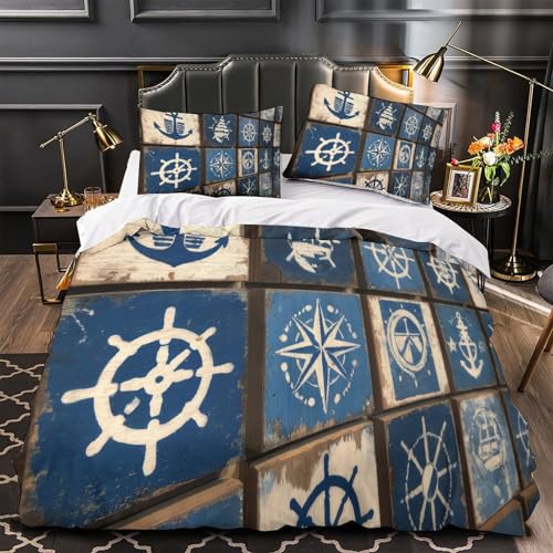 YVASPQRTW símbolos náuticos 3D Impresión Funda de edredón 3pz Microfibra Transpirable decoración Marina Edredón Funda 2 Fundas antidesvanecimiento Adultos Familia King（220x240cm）