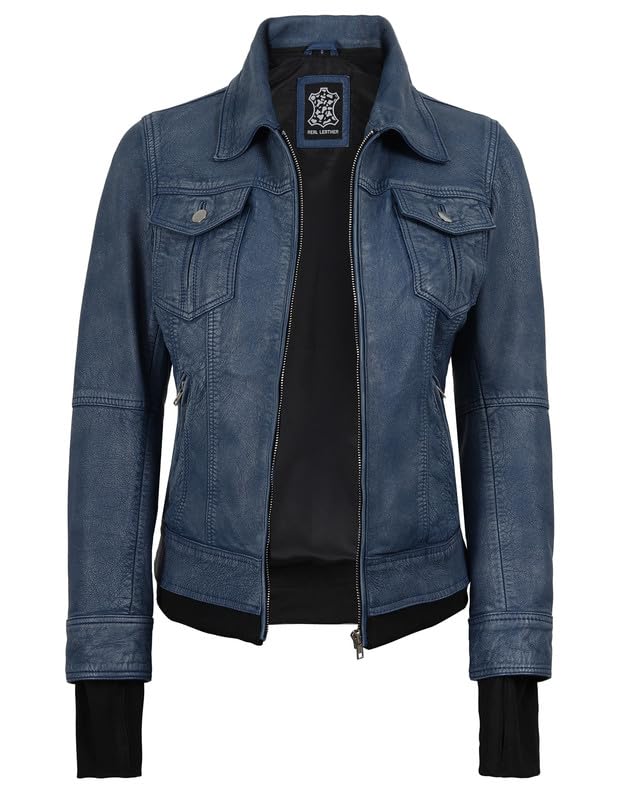 Image of Womens Leather Jacket with Detachable Hood - Real Lambskin Bomber Jacket Thumbholes Women