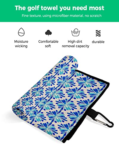 Ocomster Blue Flowers Golf Towel With Carabiner Clip, Hand Draw Pattern Vintage Linen Texture Microfiber Waffle Pattern Golf Towel, Golf Accessories For Cleaning Clubs And Balls, 24X16 In #TOP1