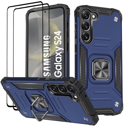 KANSi Funda para Samsung Galaxy S24 / S25, Cristal Vidrio Templado [2 Piezas] Capa Anillo iman Soporte Hard PC y Silicona TPU Antigolpes Armor Carcasa   Azul