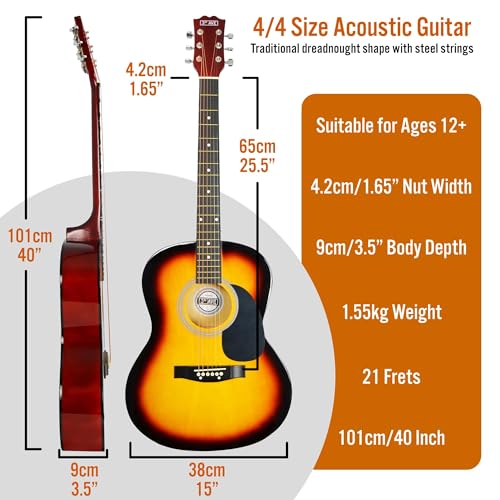 Image of 3rd Avenue Full Size 4 /4 Acoustic Guitar Steel String Pack Bundle for Beginners - Bag, Picks and Spare Strings - Sunburst