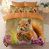 Funda Nórdica de Microfibra Suave con Cremallera 200 x 200 – Realista Animales Ardilla Flores Juego de Cama de 3 Piezas con Transpirable, Cúrcuma Diseño Moderno para Adultos y Niños