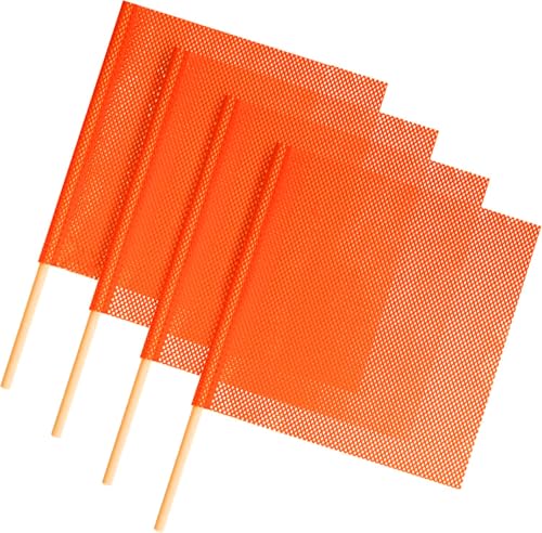 Bright Orange Safety Flags on Sticks, 4 Pack 18 x 18 Vinyl Coated Mesh with 24" Wood Dowel, Wide Load Oversize Load Flags for Trucks, Trailers, Boats, Construction Traffic