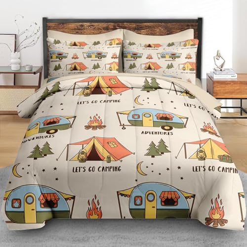 Pamnest Comforter Set Full Size, Summer Camp RV 7 Pcs Bedding for Kids and Adults, Camping Adventure Bed Sheet Sets with Fitted Sheet 2 Pillowcases & 2 Shams for Bedroom Bed Decor - Image 3