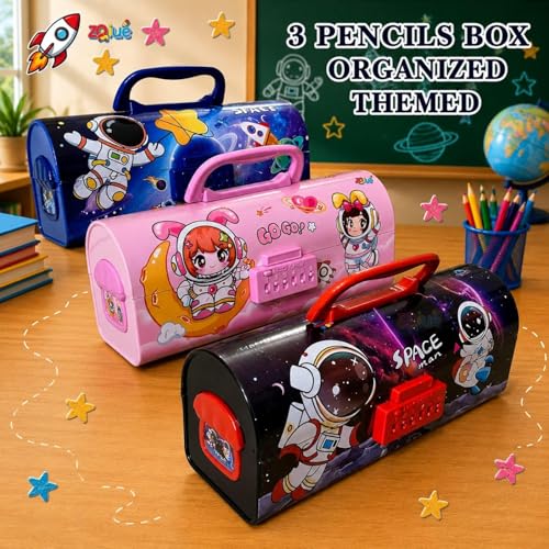 Image of Space Man Compass Box for Kids | Space Astronaut Printed Pencil Box with Number Lock | Large Capacity Stationery Storage Case for School Boys & Girls | Multipurpose Pencil Case