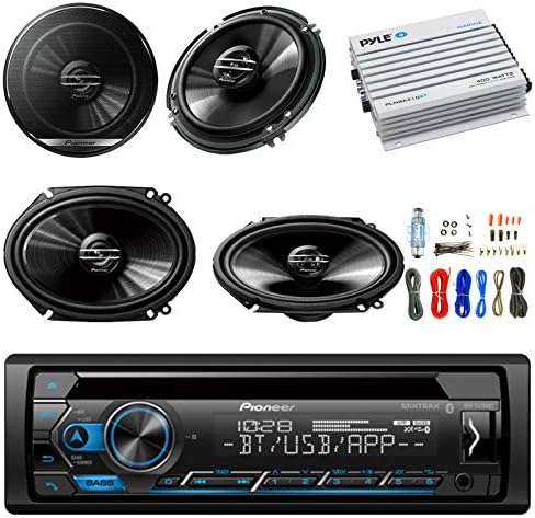 Pioneer Single DIN Car Bluetooth Radio USB AUX CD Player Receiver - Bundle Combo with 2X 250W 6x8 inch 2-Way Coaxial Car Audio Speakers + 2X 6.5-Inch Speakers + 4-Channel Amplifier + Amp Kit