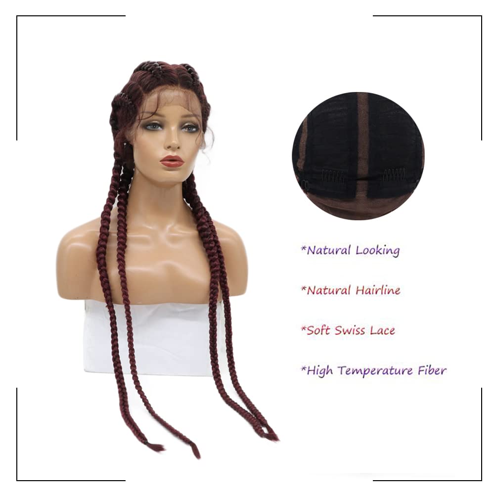 AFbeauty Long 99J Braided Wig for Women Synthetic Burgundy Red Lace Front Braided Wig with Baby Hair Heat Resistant Fiber Cornrow 4 Twist Braids Party Cosplay - Image 3