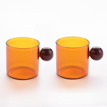 Kuber Industries 2 Pcs Borosilicate Glass Coffee Cups | Cup with Wooden Ball Handle | High Heat Resistant | Microwave and Dishwasher Safe | 120 ML | Pack of 1 | Amber
