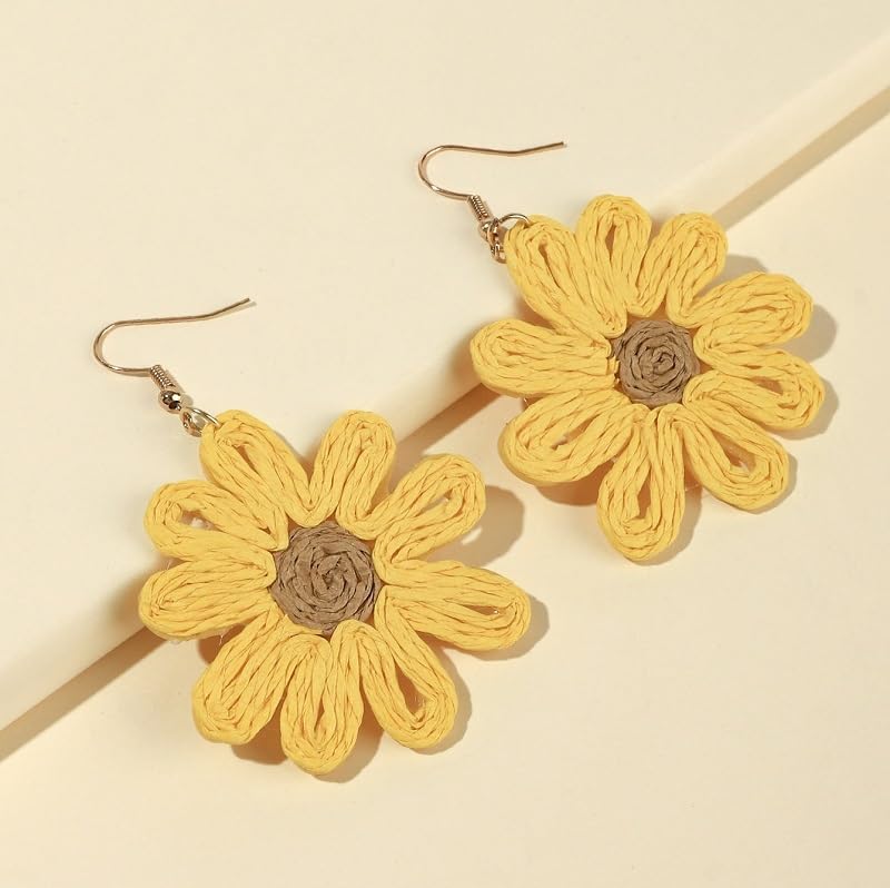 Flower Rattan Earrings Summer Boho Raffia Sunflower Dangle Earrings for Women Handmade Lightweight Dasily Straw Wicker Statement Earrings Bohemian Beach Earrings Jewelry Gifts - Image 2