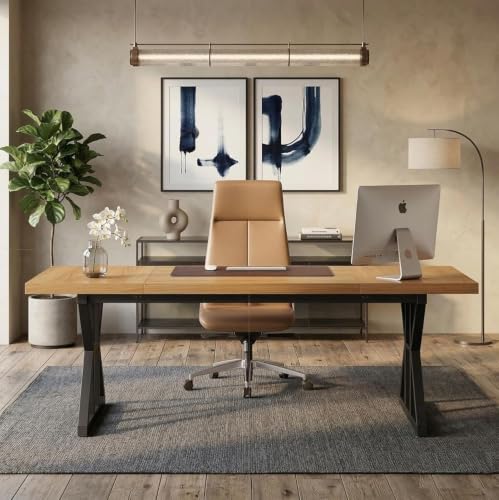 Image of Executive Computer Work Desk, Wooden Office Table for Home, Office, Workstation, Study, Strong Metal Frame Computer Table (Walnut Cream),160x80x75 cm