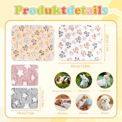 Jokureao 4Stück Kleintier Plüschbett Set, Flauschiges Kleintierbett, Waschbares Plüschbett für Meerschweinchen Kaninchen Hamster, Warme Kuschelmatte für Käfige, Weiche Fleece Decke für Kleintiere