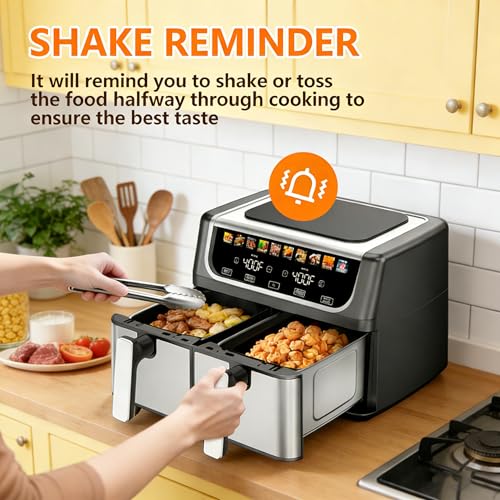 Image of HealSmart 9.5Qt Dual Basket Air Fryer, 10-in-1 Smart Air Fryer with 1700W, Independent Temperature Control, Sync Cook & Shake Reminder, Nonstick Air Fryer Oven for Family Meals, Black