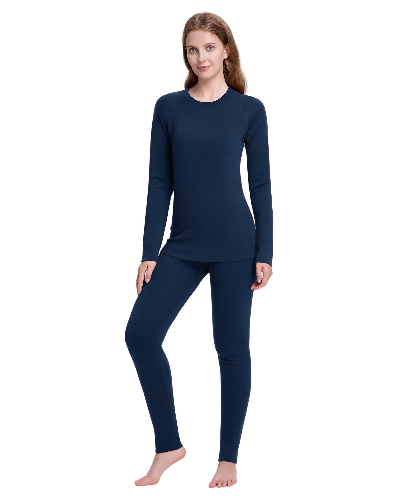 Photo 1 of woolcano Women's 100% Merino Wool Base Layer Sets Lightweight Active Base Layer for Ski Navy Blue Medium