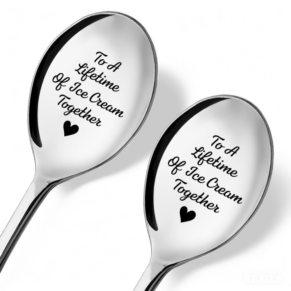 To A Lifetime of Ice Cream Together - 2 Pcs Spoon Set, Ice Cream Together Scoops for Couples, Small Cute Engraved Ice Cream Spoon - Couples Spoons Gifts Ideas for Valentine's Day Engagement