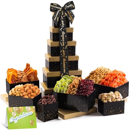 NUT CRAVINGS Gourmet Collection - Congratulations, Nuts & Dried Fruits Tower Gift Basket, with Congrats Ribbon + Greeting Card (12 Assortments) Food Arrangement, Healthy Snack, Food Assortments