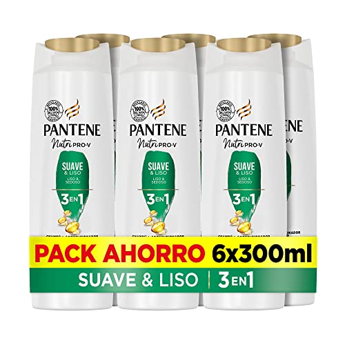 Pantene Champú + Acondicionador + Tratamiento 3en1 Suave & Liso Nutri Pro-V para cabello encrespado y rebelde, 6x300 ML