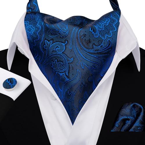 Image of Barry.Wang Ascot Ties Cravat Tie Men Paisley Plaid Scarf Self Tie Pocket Square Cufflinks Set Wedding Party