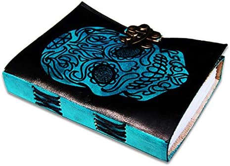 Handmade Teal Day of The Dead Sugar Skull Embossed Leather Bound Journal Diary/Notebook/Sketchbook with Handmade Paper, 7"x 5"