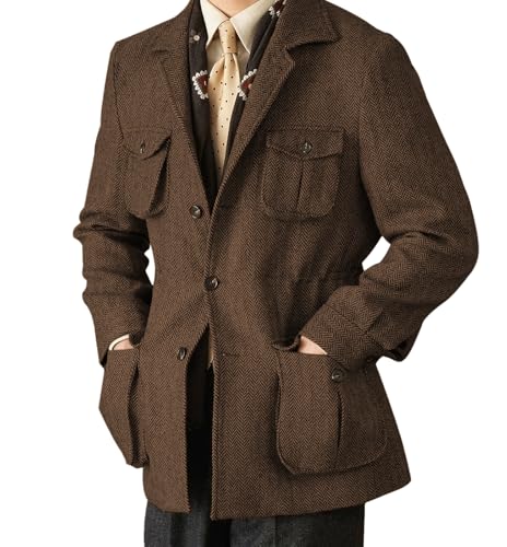 Men's Herringbone Tweed Blazer Vintage Three Button Sport Coats Wool Blend Classic Coat with Four Pockets