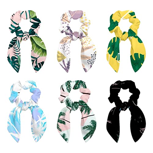6 Pcs Hair Scrunchies - Palm Leaves Pattern Hair Scarf Scrunchy with Ribbon Bow, Elastic Hair Ties Ponytail Holders for Women Teenage Girls