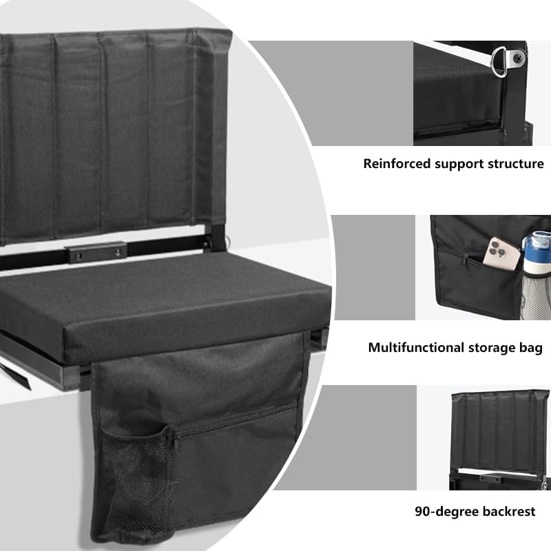 Miniatura 6 de Asientos portátiles para estadio con soporte para la espalda, silla plegable portátil negra con cojín, portavasos, bolsillos y correa para el hombro