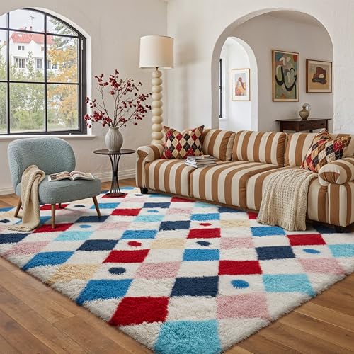 HUGEAR Flauschig Teppich Wohnzimmer 160x230 Teppiche Multicolore Shaggy rutschfest Rautenmuster Carpet Kinderzimmer MäDchen Junge Schlafzimmer Hochflor Weich Akzent Multicolore 160 x 230 cm