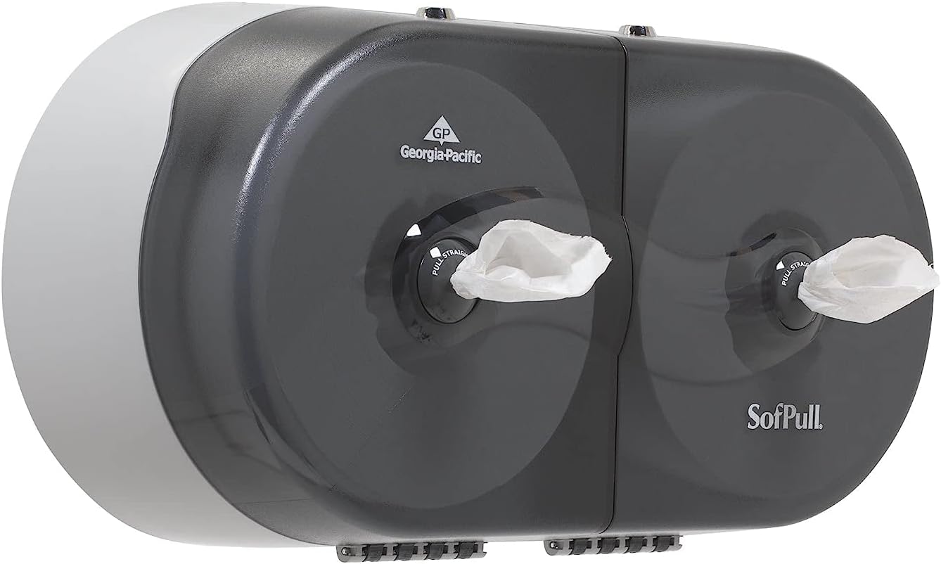 Sofpull Centerpull Side-by-Side Toilet Paper Dispenser by GP PRO (Georgia-Pacific), Translucent Smoke, 56509, 20.125" W x 7.000" D x 10.750" H