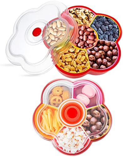 2 Pcs Flower Shaped Snack Tray Fruit Bowl Divided Serving Container 6 Compartment Fruit Tray Nut Candy Veggie Tray with Lid Fruit Platter Plastic Appetizer Tray Fruit Plate Organizer for Party Supply
