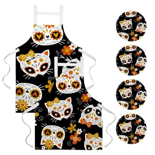 Tablier de cuisine crâne en sucre chat et renard ajustable avec poches
