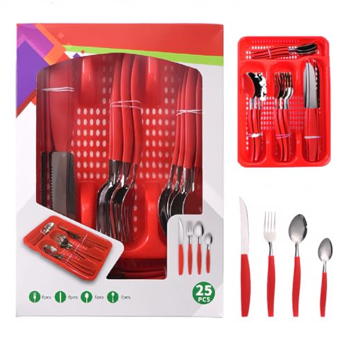 25-piece dinnerware set with red handles. The set includes 1 storage box 6 knives 6 forks 6 long spo and 6 short spoons. Suitable for daily use at home or camping.