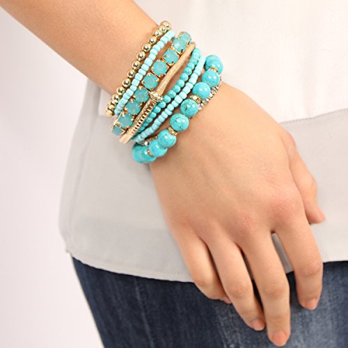 Riah Fashion Multi Color Stretch Beaded Stackable Bracelets - Layering Bead Strand Statement Wrap Bangles (Original - Turquoise, 7.0 Inches) #TOP1