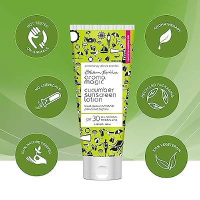 Aroma Magic Cucumber Sunscreen Lotion مع SPF 30 | غير نانو أكسيد الزنك المعدنية Sunblock | الطيف العريض UVA/UVB Sun Protection | Soothes & Cools البشرة الحساسة | 3.38 Fl Oz/100ml