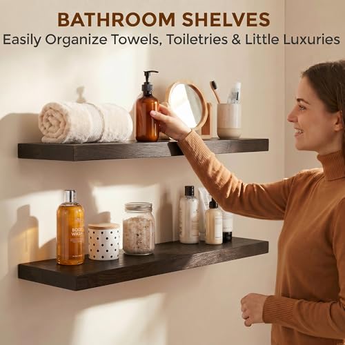 Image of Dreamland Rustic Elm Woood Floating Shelves for Wall Decor, 30 inch W x 8 inch D x 1.5 inch H Floating Shelves Set of 2, Wall Mounted Deep Wooden Shelf for Living Room, Bedroom, Kitchen, Bathroom, Walnut